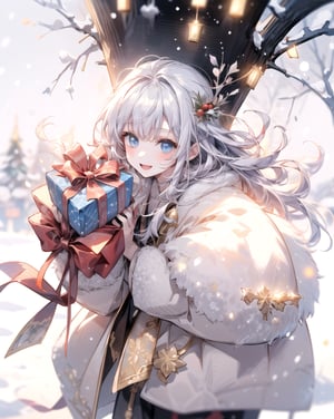 masterpiece, 1 little girl, christmas, holding presents, happy, snow, winter,1guy,midjourney,More Detail