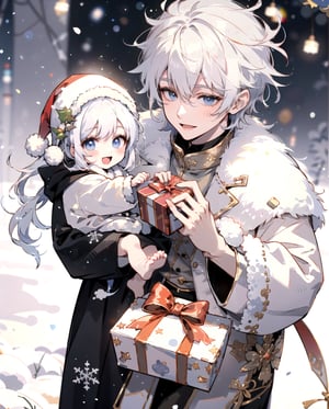 masterpiece,  little boy and little girl, christmas, holding presents, happy, snow, winter,1guy