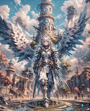Medieval equipment,  left man and right woman, knights (ensemble stars!),armor, wings, sky,white armor, cloud, outdoors, angel wings, bird,blend, medium shot, bokeh,outdoors, open grassland, symmetrical composition, low-angle shooting, zoom in, the most beautiful image I have ever seen, wide angle , distant view, looking up, combat scene, action_pose