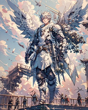 Medieval equipment,  left man and right woman, knights (ensemble stars!),armor, wings, sky,white armor, cloud, outdoors, angel wings, bird,blend, medium shot, bokeh, combat scene, action_pose,1boy,fantasy00d,s4suk3
