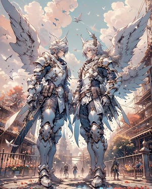 Medieval equipment,  left man and right woman, knights (ensemble stars!),armor, wings, sky,white armor, cloud, outdoors, angel wings, bird,blend, medium shot, bokeh, combat scene, action_pose,fantasy00d,s4suk3