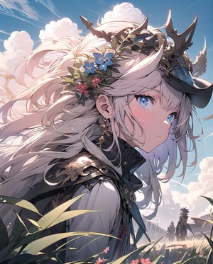 granblue_fantasy, medieval, fantasy, (blue sky and white clouds background), 1 male knight on the left, 1 female knight on the right, outdoors, open grassland, symmetrical composition, low-angle shooting, zoom in, the most beautiful image I have ever seen