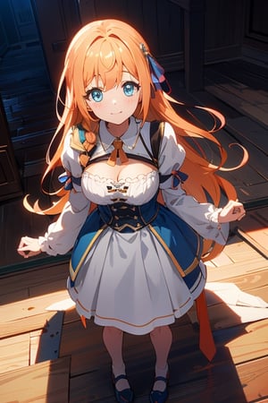 masterpiece, {{{best quality}}}, {{ultra-detailed}}, {illustration}, cinematic angle, {detailed light},cinematic lighting. 1girl,light orange hair, gradient hair, blue eyes, long hair, big breast, cute face, innocent, full body, fully clothed, origin,looking at viewer,standing,aapeco,pecorine