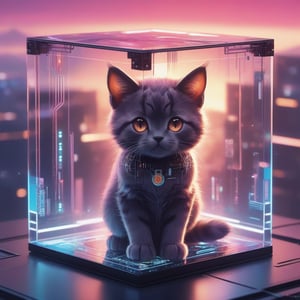 oil painting of A Chibi Cat in a Futuristic Glass Cube, Circuit Board :: Neonpunk sunset background :: concept art, hyperdetailed maximalist, score_8_and_up :: 2/3 face angle, mid shot, 32K :: by Magali Villeneuve :: by Alena Aenami :: by Marc Simonetti :: by Bo Chen,Bing girl