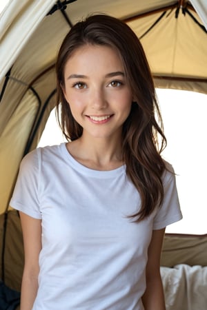 Score_9, Score_8_up, Score_7_up, 1girl, solo, (in a camping tent:1.4), young woman, petite and skinny, (holding hands behind her back and puffing out her chest:1.4), charming smile, cute and lovely, chin slightly upward, looking at viewer, upper body, loose tshirt, innocent, adorable, radiating beauty, pretty, adorable, cute face, authentic beauty, charismatic, small loving eyes, dilated pupils, beautiful detailed eyes, brown eyes, beautiful face, white skin, (skin blemish:1.4), visible pores, shiny skin.

Realistic, (extremely photorealistic:1.4), (sharp focus:1.4), (realistic textures:1.4), (realistic skin:1.4), professional photography, UHD, 32K, angled view from below,
