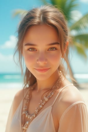 Create a portrait of a beautiful girl with long, chestnut-brown hair tied back in ponytail, bright hazel eyes, and a radiant smile, 19yo. She is wearing a transparent blouse and a statement necklace. The background is a vibrant, sunlit beach with palm trees swaying in the breeze.