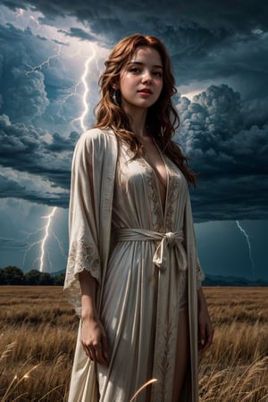 (4k), (masterpiece), (best quality),(extremely intricate), (realistic), (sharp focus), (award winning), (cinematic lighting), (extremely detailed), ultra realistic 

A young sorceress with long red hair, standing in a field of tall grass with spread arms. She is wearing a flowing white robe with silver lightning bolts embroidered on it. Her staff is in her hand, and it is crackling with electricity. She is surrounded by a swirling vortex of lightning energy.