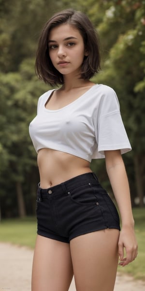 Masterpiece, highest quality, realistic, raw photo, teenager girl,perfect european girl,medium breasts, Pubic hair, hairy pussy, white oversize low cut short crop t-shirt, low waist shorts, supermodel,short hair,standing in a park, top body view 