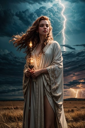 (4k), (masterpiece), (best quality),(extremely intricate), (realistic), (sharp focus), (award winning), (cinematic lighting), (extremely detailed), ultra realistic 

A young sorceress with long red hair, standing in a field of tall grass with spread arms up to the sky. She is wearing a flowing white robe with silver lightning bolts embroidered on it. Her staff is in her hand, and it is crackling with electricity. She is surrounded by a swirling vortex of lightning energy.