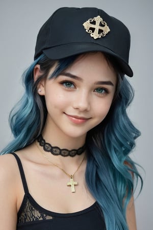 1girl,solo,long hair,looking at viewer, blue hair, black lace top, jewelry, blue hair sheen, shiny hair with cap, choker, green eyes, grey background, cross necklace, two-tone hair,  Expressiveh,concept art,More Detail
detailed_background,Cute Face,Cute Smile,Beautiful Girl,Young Girl,Realistic Model,Sexy Body,Hot Body,Beautiful Face,Sexy Girl