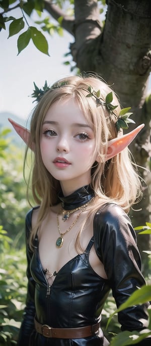 Very realistic portrait of a young female elf in the forest. Blond hair with a crown of leaves and cute innocent face. Of extraordinary beauty, her cute face is soft and seductive, lightly made-up. Small pointed ears. Her large eyes with long eyelashes give him an intense look that fascinates the observer.  She wears a (elf outfit made of natural materials such as tree leaves and leather covering her breasts). Her long hair falls over her shoulders. She wears a long necklace that goes down between her small, perky breasts, and leather bracelets on her wrists