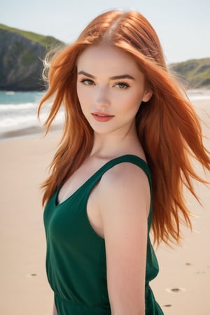 A sun-kissed Irish beauty, early twenties, with a mesmerizing blend of blonde and fiery red locks, poses languidly on a sandy beach. Her porcelain skin glows under the warm sunlight, contrasting with her striking dark green eyes that seem to hold a sultry, suggestive gaze. A radiant smile plays on her lips, leaving little to the imagination as she gazes out at the horizon, her small yet pert breasts subtly showcased beneath a fitted tank top.