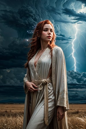 (4k), (masterpiece), (best quality),(extremely intricate), (realistic), (sharp focus), (award winning), (cinematic lighting), (extremely detailed), ultra realistic 

A young sorceress with long red hair, standing in a field of tall grass. She is wearing a flowing white robe with silver lightning bolts embroidered on it. Her staff is in her hand, and it is crackling with electricity. She is surrounded by a swirling vortex of lightning energy.