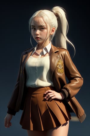 In a breathtaking 8k UHD composition, a stunning girl, characterized by long white hair tied in a ponytail, piercing amber eyes, donning a sleek school uniform with white blouse and brown jacket, brown miniskirt. Her bangs framing her determined face, view from hip to head, 3/4 front view