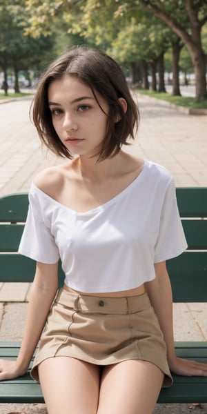 Masterpiece, highest quality, realistic, raw photo, teenager girl,perfect european girl,medium breasts, small nipples, Pubic hair, hairy pussy, white oversize low cut short crop t-shirt, low waist miniskirt, supermodel,short hair,sitting on a bench, in a park, top body view 