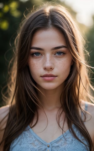 Generate hyper realistic image of a beautiful 20 years old woman with long flowing hair, gazing directly at the viewer with serene blue eyes. 1/3 body portrait, race tracing and volumetric lights. Her parted lips hint at a subtle expression of tranquility, and realistic freckles grace her nose. Hair gathered on one side, falling over her left shoulder. She has exquisitely feminine body,summer light dress. This portrait captures the essence of a calm and captivating moment. In love