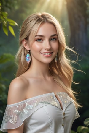 In a cinematic shot with HDR lighting, a stunning English girl is captured in a half-body view against a wild background, allowing her to take center stage. She sports long, straight blonde hair and dons a white off-the-shoulder blouse over skinny jeans. Her alluring smile and small earrings catch the eye as she poses with an air of mythical being, exuding breathtaking beauty and divine presence. The ultra-realistic illustration features exquisite details and textures, including iridescent and luminescent scales that seem to shimmer in the Volumetric light and auras surrounding her.