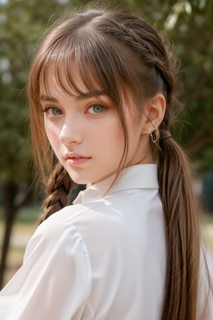 In a breathtaking 8k UHD composition, a stunning girl, characterized by long white hair tied in a ponytail, piercing amber eyes, donning a sleek school uniform. Her bangs framing her determined face, upper body, 3/4 view