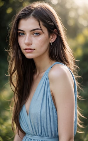 Generate hyper realistic image of a beautiful 20 years old woman with long flowing hair, gazing directly at the viewer with serene blue eyes. 1/3 body portrait, race tracing and volumetric lights. Her parted lips hint at a subtle expression of tranquility, and realistic freckles grace her nose. Hair gathered on one side, falling over her left shoulder. She has exquisitely feminine body,summer light dress. This portrait captures the essence of a calm and captivating moment.