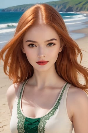 Masterpiece, ultra realistic. A sun-kissed Irish beauty, early twenties, with a mesmerizing blend of blonde and fiery red locks, poses languidly on a sandy beach. Her porcelain skin glows under the warm sunlight, contrasting with her striking dark green eyes that seem to hold a sultry, suggestive gaze. A radiant smile plays on her lips, leaving little to the imagination as she gazes out at the horizon, her small yet pert breasts subtly showcased beneath a fitted tank top.