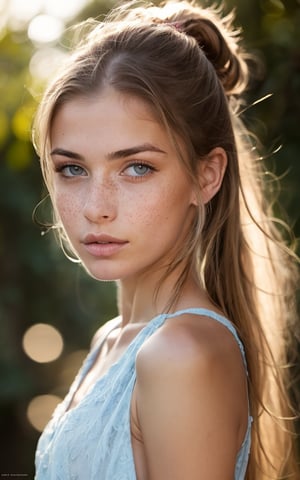 Generate hyper realistic image of a beautiful 22 years old woman with long hair tied back in ponytail, gazing directly at the viewer with serene blue eyes. 1/3 body portrait, race tracing and volumetric lights. Her parted lips hint at a subtle expression of tranquility, and realistic freckles grace her nose . She has exquisitely feminine body,summer light dress. This portrait captures the essence of a calm and captivating moment. In love,nikia