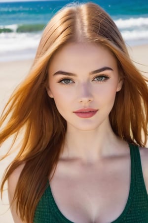 A sun-kissed Irish beauty, early twenties, with a mesmerizing blend of blonde and fiery red locks, poses languidly on a sandy beach. Her porcelain skin glows under the warm sunlight, contrasting with her striking dark green eyes that seem to hold a sultry, suggestive gaze. A radiant smile plays on her lips, leaving little to the imagination as she gazes out at the horizon, her small yet pert breasts subtly showcased beneath a fitted tank top.