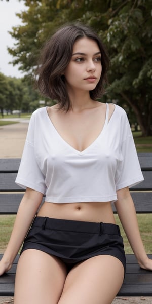 Masterpiece, highest quality, realistic, raw photo, teenager girl,perfect european girl,medium breasts, small nipples, Pubic hair, hairy pussy, white oversize short crop t-shirt, cleavage, navel, bare belly, low waist short miniskirt, supermodel, short hair, sitting on a bench, in a park, flirting  with the viewer, body view 