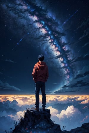 A man wearing red hoodie standing on top of the hill under the sky full of stars,  aquarion, shining its light among stars, by Tadashi Nakayama, dream design, connectedness, at pixiv, an idea seep's into infinity, bright deep blue, star rain, 32K, art masterpiece, LOFI