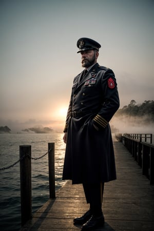 Portrait of a handsome bearded military veteran in uniform, standing in the small pier at dawn, strong directional lighting, misty, foggy