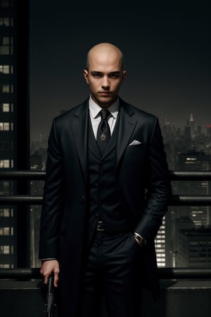 Visualize a suave and composed hitman standing on a city rooftop, exuding an air of confidence as he patiently waits for his target. Dressed impeccably in a tailored suit, he gazes out over the city skyline, his hand casually resting on the grip of a concealed weapon. The urban landscape and dimly lit atmosphere add to the tension and intrigue of this clandestine encounter.