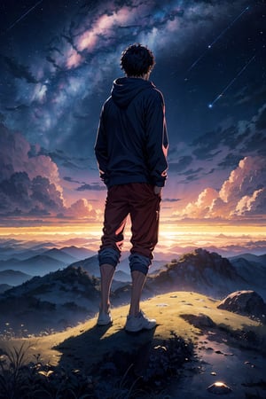 A man wearing red hoodie standing on top of the hill under the sky full of stars,  aquarion, shining its light among stars, by Tadashi Nakayama, dream design, connectedness, at pixiv, an idea seep's into infinity, bright deep blue, star rain, 32K, art masterpiece, LOFI