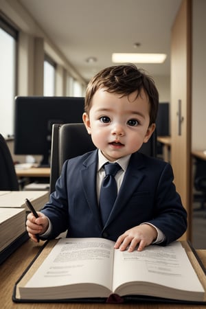 A cute baby wearing a suit, working in an office, depth of field, dynamic lighting, cinematic, masterpiece, best quality, high resolution