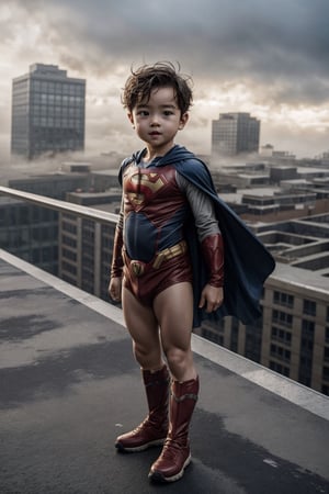 A cute baby wearing a superhero costume, standing in a building rooftop, windy, foggy, misty, depth of field, dynamic lighting, cinematic, masterpiece, best quality, high resolution