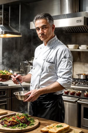 Create an image of a middle-aged, distinguished chef in a bustling kitchen, exuding both expertise and passion for culinary artistry. Adorned in a classic chef's uniform with a neatly groomed appearance, he stands amidst the organized chaos of a professional kitchen. His expression reflects a blend of concentration and pride as he prepares a delectable dish, surrounded by the sights, sounds, and aromas of the culinary world.