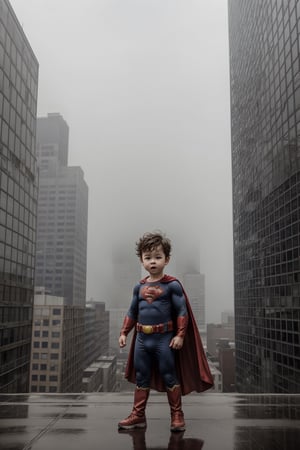 A cute baby wearing a superhero costume, standing in a building rooftop, windy, foggy, misty, depth of field, dynamic lighting, cinematic, masterpiece, best quality, high resolution