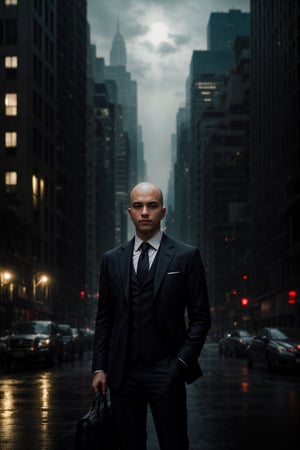 Visualize a suave and composed hitman standing on a city rooftop, exuding an air of confidence as he patiently waits for his target. Dressed impeccably in a tailored suit, he gazes out over the city skyline, his hand casually resting on the grip of a concealed weapon. The urban landscape and dimly lit atmosphere add to the tension and intrigue of this clandestine encounter. Rainy, misty, blue hour, shallow depth of field, into the dark, deep shadow, cinematic, masterpiece, best quality, high resolution.