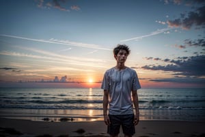 Silhouette sunset, head to the beach in the late afternoon and capture the stunning silhouettes of young man against the vibrant colors of the setting sun, into the dark, deep shadow,  cinematic,  masterpiece, best quality, high resolution