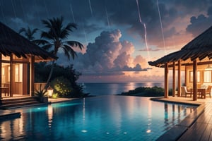 "A mesmerizing scene unfolds as raindrops delicately patter on the surface of an infinity pool by the beach in the Maldives. The pool's tranquil waters mirror the soft, gray sky, creating a serene ambiance. Palm trees sway in the gentle rain, and overwater bungalows stand resilient against the tropical downpour. The interplay of rain and tropical surroundings adds a touch of magic to this coastal oasis. LOFI"