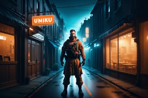 A handsome bearded man wearing tactical gear outfit standing in the urban scene in a small town, hazy teal orange foggy night sky, dark side alley, cobblestone street, neon shop sign with the text (((Uniku))), masterpiece, (silhouette), atmospheric, best quality