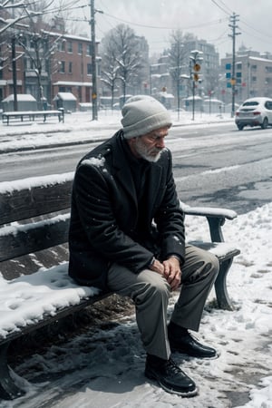 In the midst of a city park blanketed by snowfall, a weary man in a tailored suit sits on a bench, rain and snow blending around him. His posture conveys fatigue and desolation as he gazes into the distance, lost in thought. The urban landscape behind him, softened by the falling snow, adds to the poignant atmosphere, capturing the man's melancholy amidst the wintry scene. LOFI.,LOFI