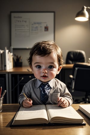 A cute baby wearing a suit, working in an office, depth of field, dynamic lighting, cinematic, masterpiece, best quality, high resolution, LOFI