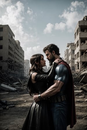 A couple of superhero bearded and woman looking each other in love between a battle scene, marvel like, standing at the ruined city, depth of field, cinematic