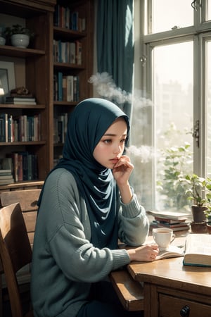 A serene scene depicts a young girl in a cozy room adorned with warm-colored decor. She sits at a wooden desk, surrounded by books and study materials, wearing an elegant hijab. A cup of steaming tea rests beside her as she focuses intently on her studies. Through the window, raindrops trickle down, casting a soft, soothing light inside the room. Hazy teal orange, LOFI.