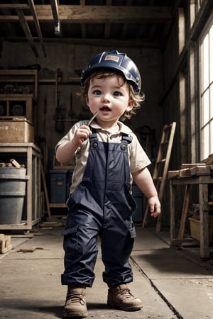 A cute baby wearing a mechanic outfit, working in a workshop, depth of field, dynamic lighting, cinematic, masterpiece, best quality, high resolution