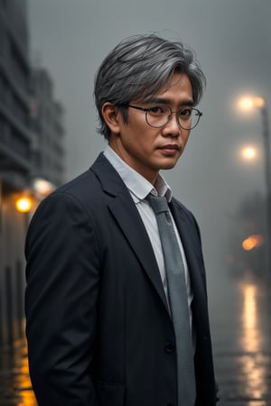 A handsome Indonesian professor with messy grey hair, round glasses, wearing a white shirt with a tie and a long dark brown jacket, standing in the middle of a quiet street during the rain, misty, foggy, depth of field, bokeh, cinematic, masterpiece, best quality, high resolution