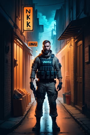 A handsome bearded man wearing tactical gear outfit standing in the urban scene in a small town, hazy teal orange foggy night sky, dark side alley, cobblestone street, neon shop sign with the text (((Uniku))), masterpiece, (silhouette), atmospheric, best quality