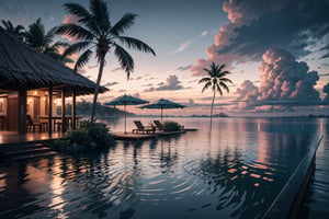 A mesmerizing scene unfolds as raindrops delicately patter on the surface of an infinity pool by the beach in the Maldives. The pool's tranquil waters mirror the soft, gray sky, creating a serene ambiance. Palm trees sway in the gentle rain, and overwater bungalows stand resilient against the tropical downpour. The interplay of rain and tropical surroundings adds a touch of magic to this coastal oasis. LOFI.