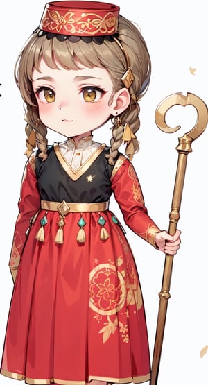 (best quality, masterpiece:1.2),ultra detailed,aura,girl, Rustic shepherd with a staff exudes wisdom and patience. Wearing a feathered earring on her left ear, symbolizing a connection to nature. Her image embodies calm, nature, and protective strength on the pastoral landscape.