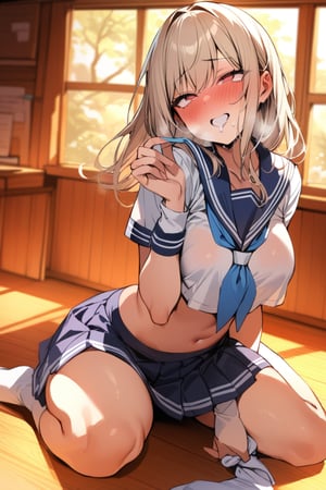 a schoolgirl, Sitting in the classroom, Wearing a sailor uniform and skirt, nice legs and sexy body, (holding a sock in her hand), ((sniffing the sock in her hand)), (Smell the sock), Exaggerated body curves, dynamic pose, slutty smile, full-face blush, drooling, (shiver all over), (masterpiece), best quality, highly detailed, 4k resolution, score_9, (ahegao),