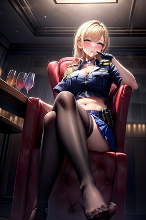 full-body photo, A charismatic blonde policewoman, In a nightclub, (Sitting on a luxurious high-back chair), ((cross her legs)), ((Take her finger in her mouth)), (short-sleeved and midriff-baring police uniform), (short hip-skirt), (Translucent stockings), (Translucent gloves), (no shoes), (beautiful sole of the foot), Showing off her cleavage and navel, nice legs and sexy body, Emphasize body curves, dynamic pose, Exquisite features, Lascivious and satisfied expression, slutty smile, full-face blush, (masterpiece), best quality, highly detailed, 4k resolution, ahegao, crossed legs